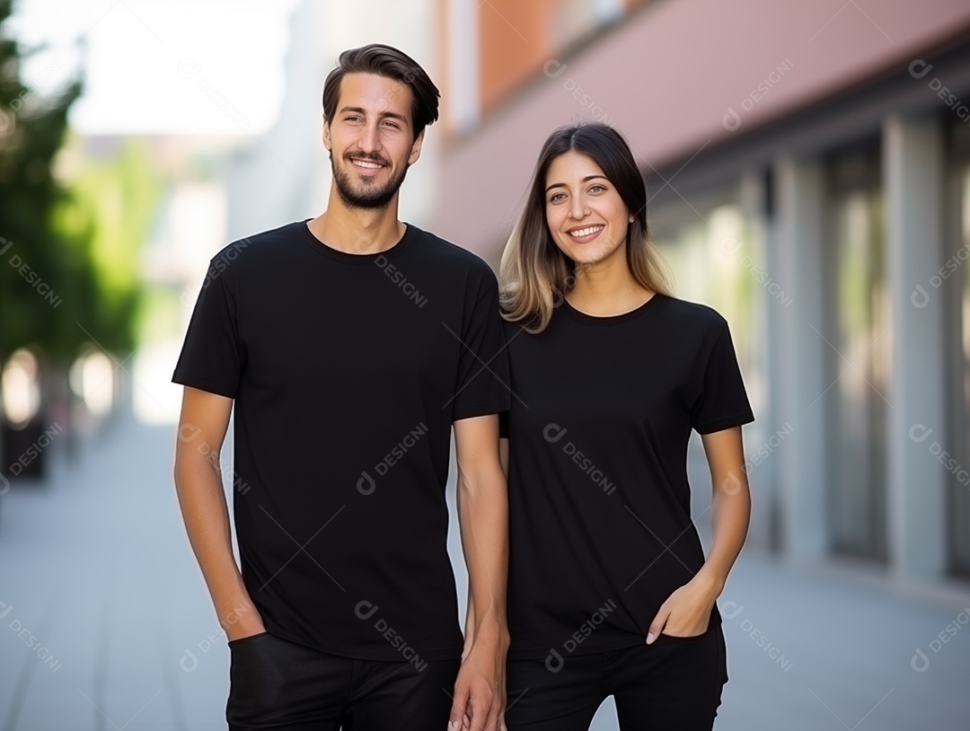 Um casal de namorados vestindo camisetas pretas combinando para modelo de design