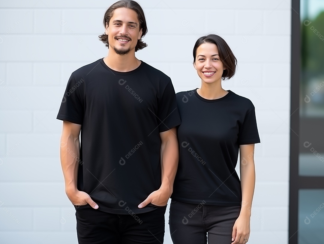 Um casal de namorados vestindo camisetas pretas combinando para modelo de design