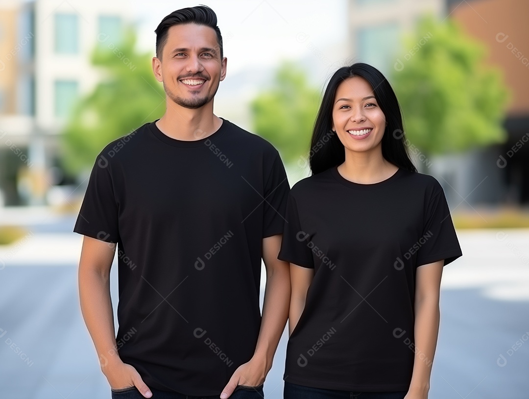 Um casal de namorados vestindo camisetas pretas combinando para modelo de design