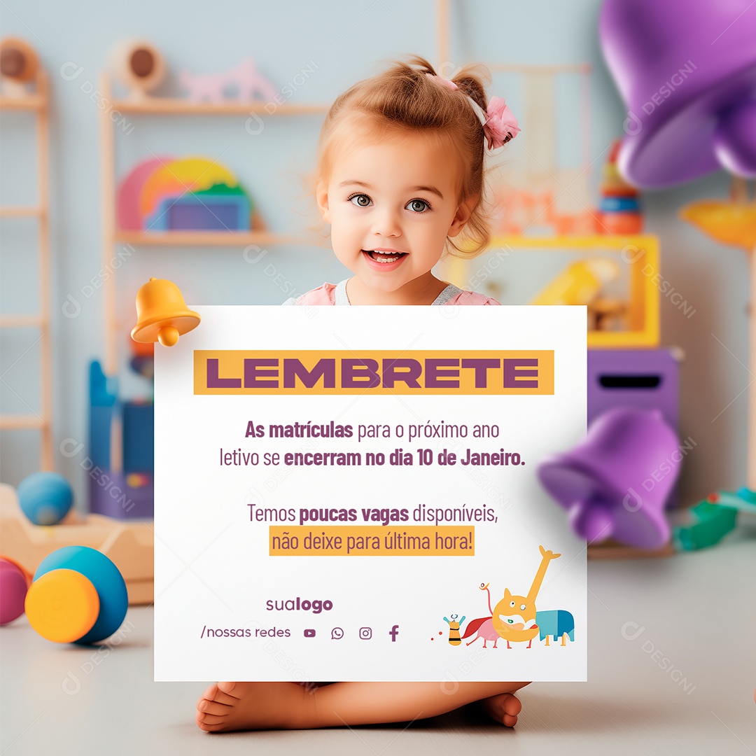 Creche Escolar Lembrete As Matrículas para o Próximo Ano Letivo se Encerram Social Media PSD Editável