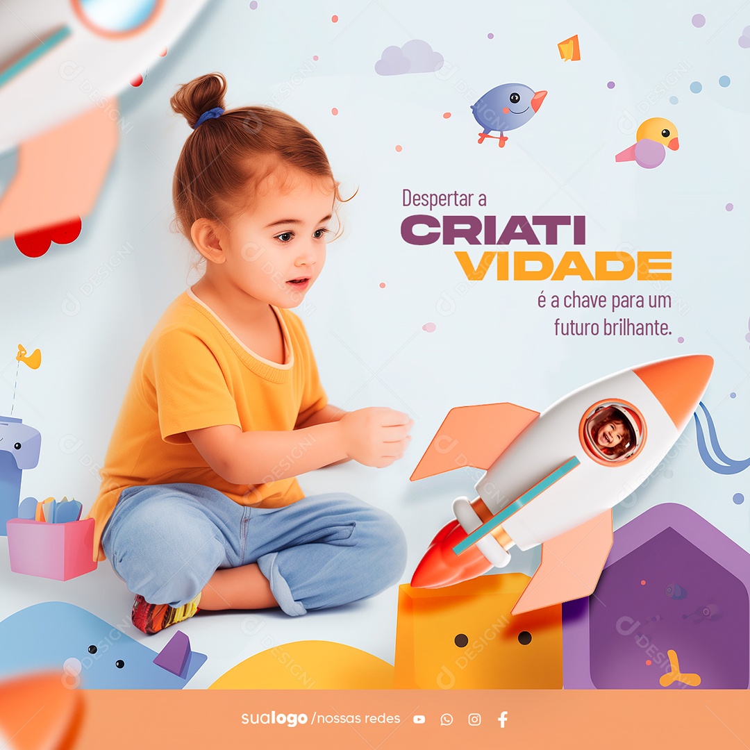 Creche Escolar Despertar a Criatividade é a Chave para Um Futuro Brilhante Social Media PSD Editável