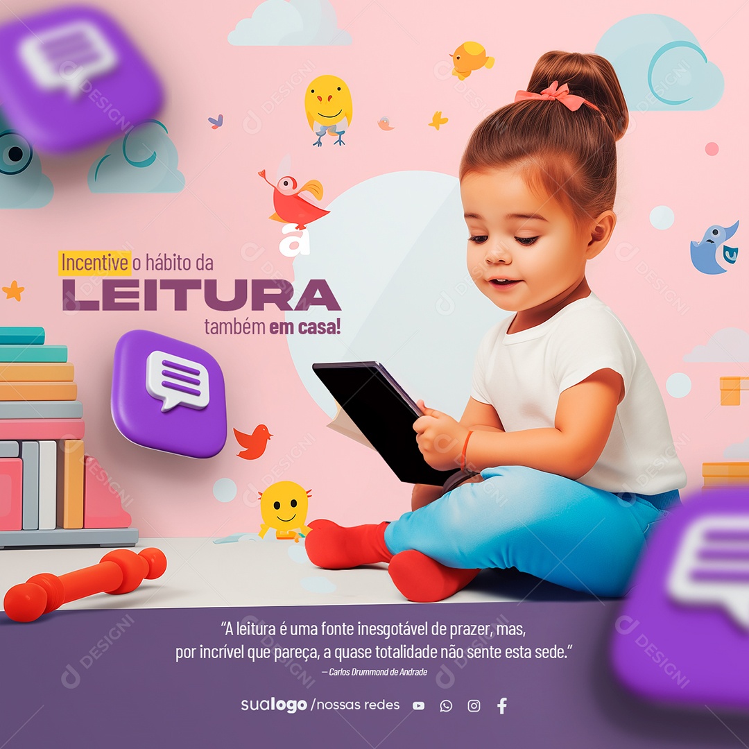 Creche Escolar Incentive o Hábito da Leitura Também em Casa Social Media PSD Editável