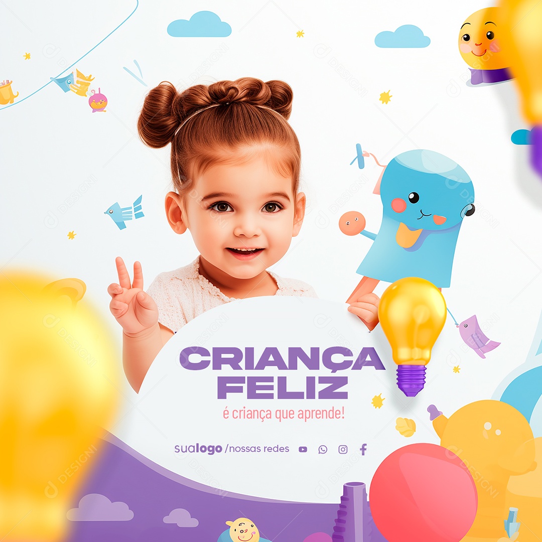 Creche Escolar Criança Feliz é Criança que Aprende Social Media PSD Editável