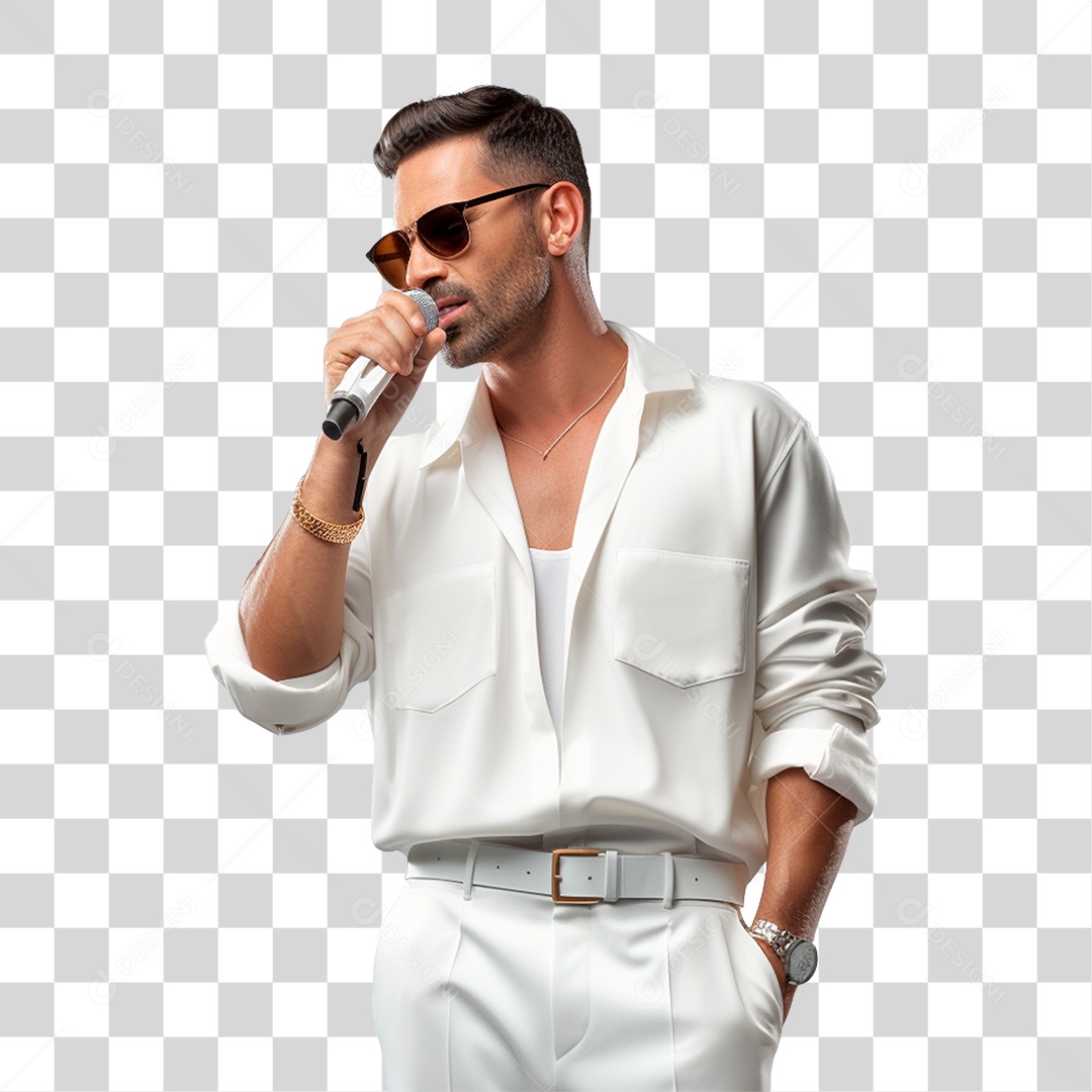 Homem Cantor com Microfone e Roupas Brancas PNG Transparente