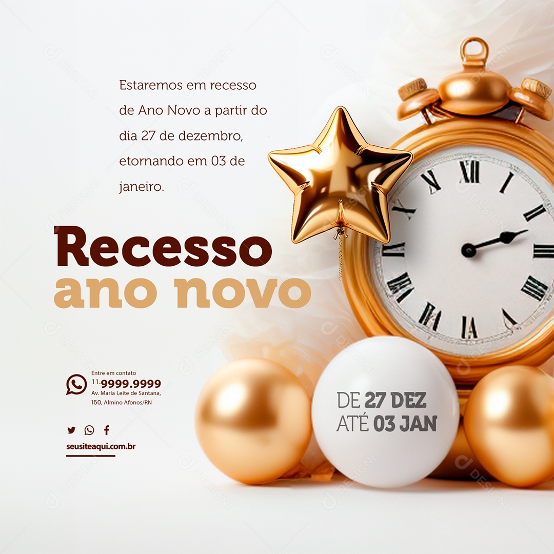 Estaremos em Recesso de Ano Novo a Partir do Dia 27 Lojas Comércios Supermercado e Empresas Social Media PSD Editável