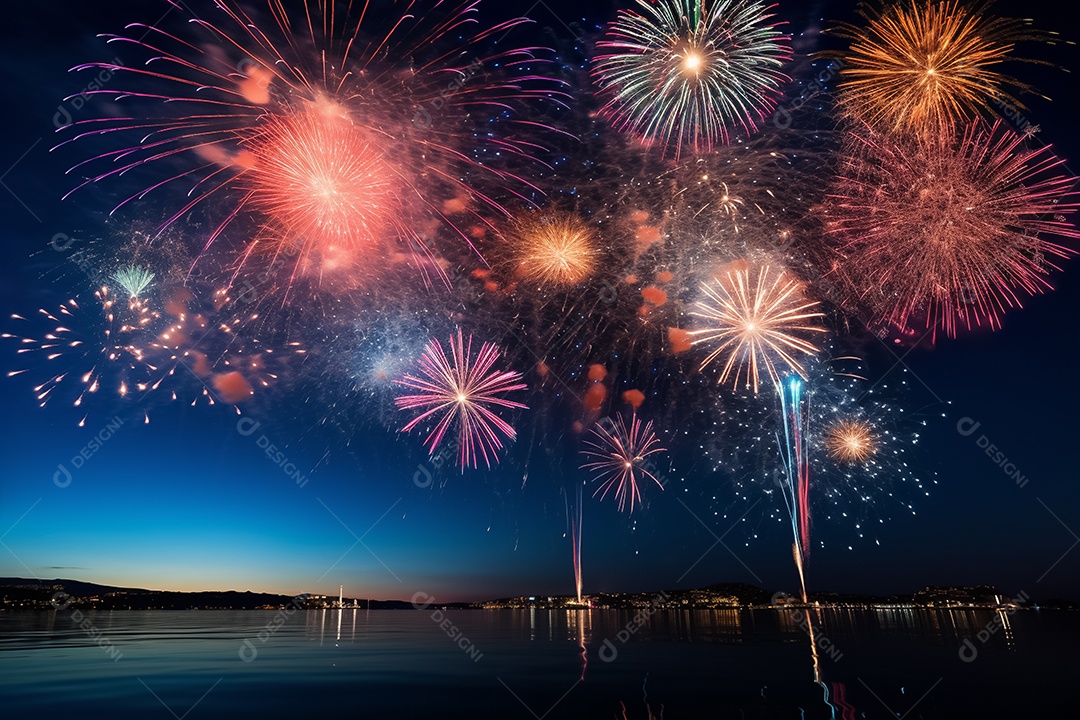 Fogos de artifício em fundo azul escuro