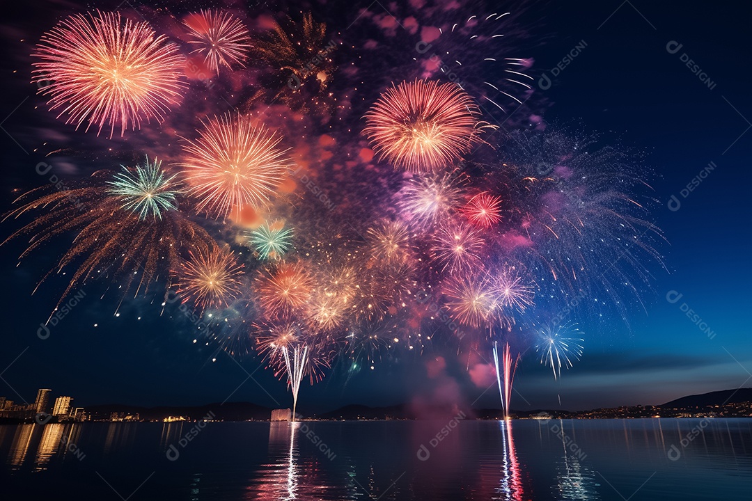 Fogos de artifício em fundo azul escuro