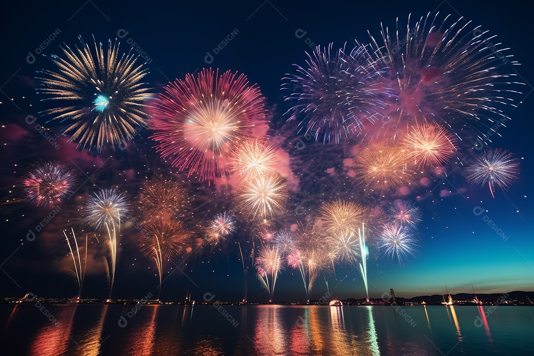 Fogos de artifício em fundo azul escuro