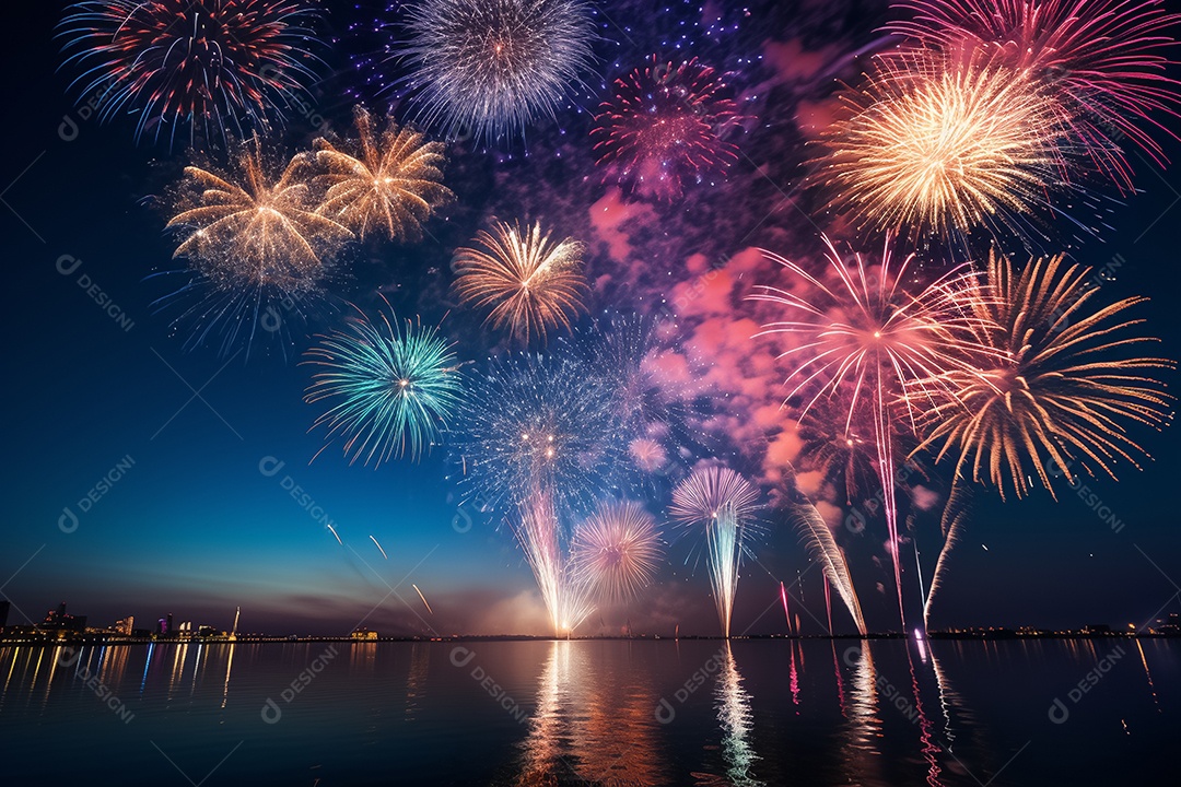 Fogos de artifício em fundo azul escuro