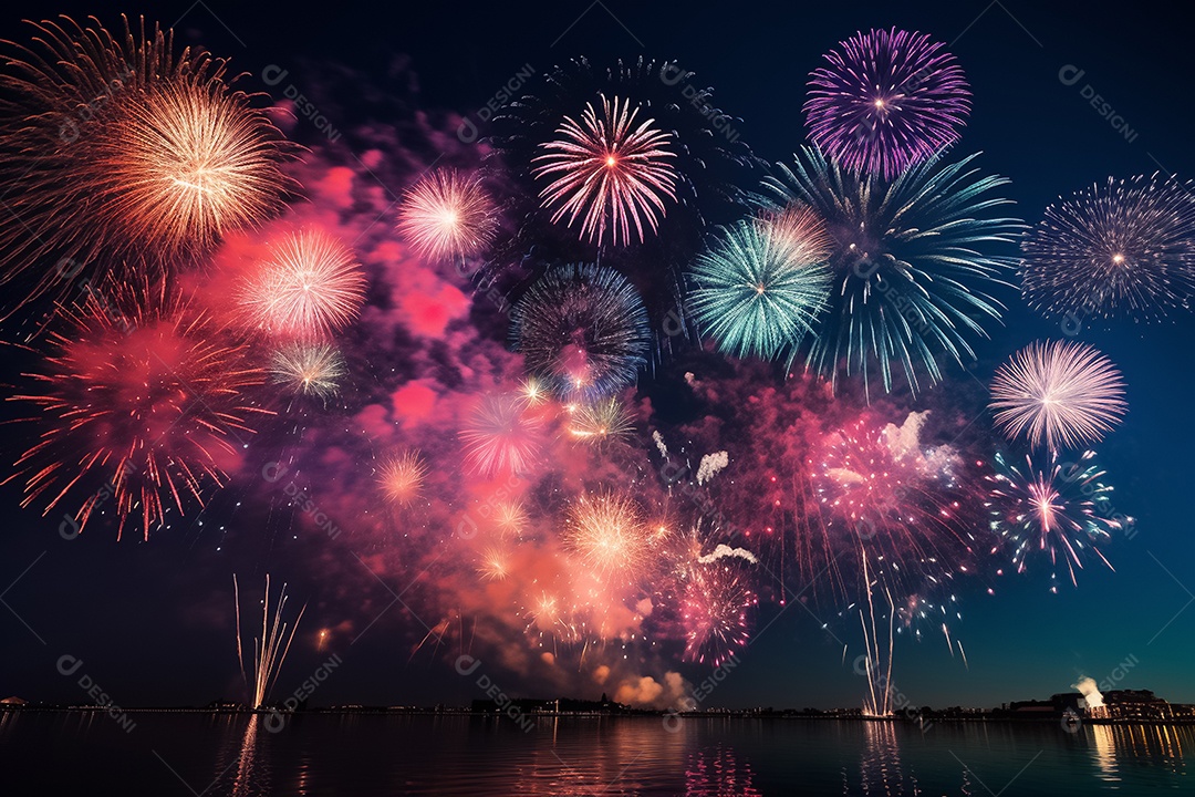 Fogos de artifício em fundo azul escuro