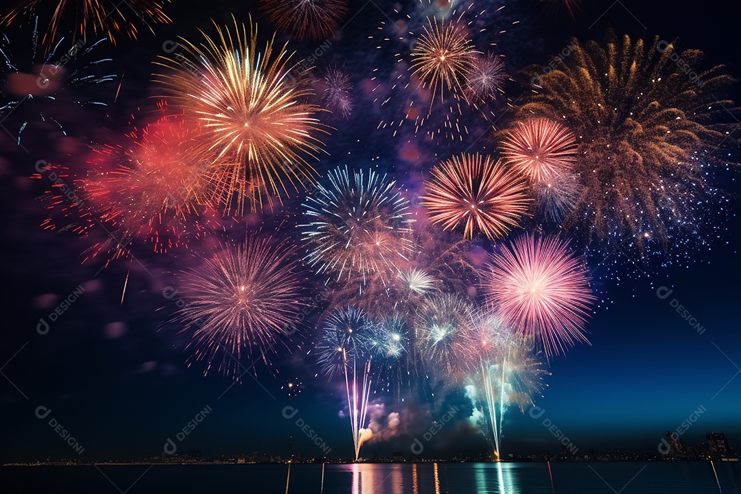 Fogos de artifício em fundo azul escuro