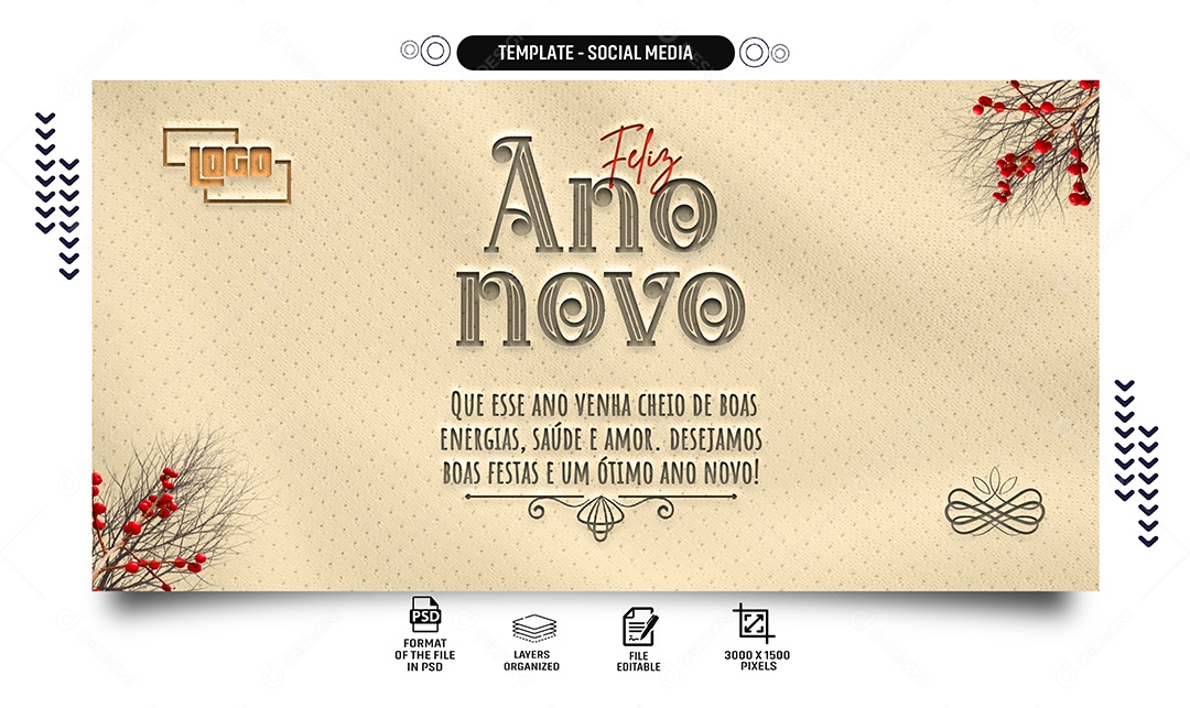 Banner Feliz Ano Novo Cheio de Boas Energias Saúde e Amor Social Media PSD Editável