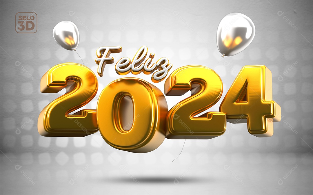 Feliz 2024 Selo 3D Dourado e Branco para Composição PSD