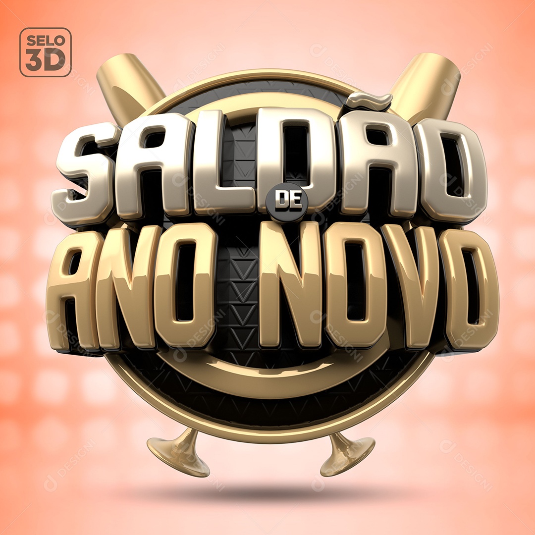 Saldão de Ano Novo Selo 3D Dourado e Preto para Composição PSD