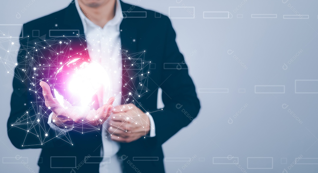 Empresário tocando Inteligência Artificial IA em dados em fundo escuro