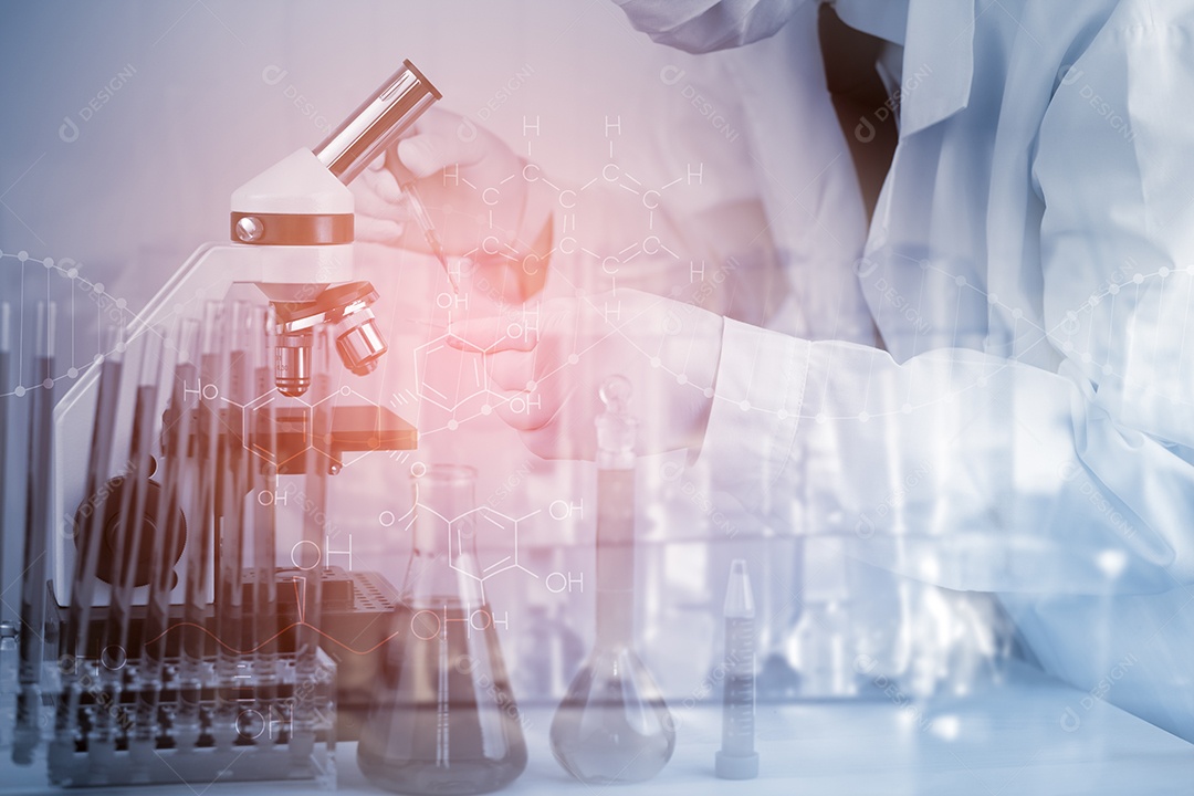 Cientista de pesquisa bioquímica trabalhando com um microscópio para o vírus gerado pela IA