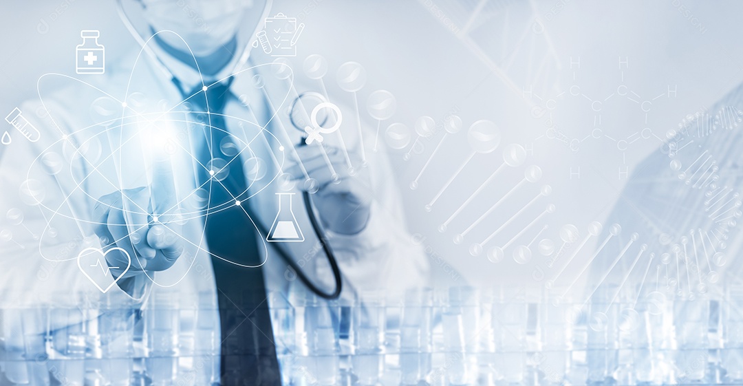 Médico com estetoscópio em um hospital tocando ícone de conexão de rede com interface de tela virtual moderna IA