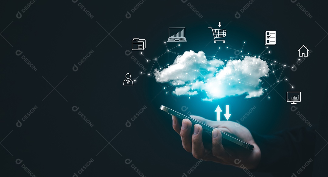 Homem tocando conectar-se a informações de dados na Internet da tecnologia de computação em Nuvem IA