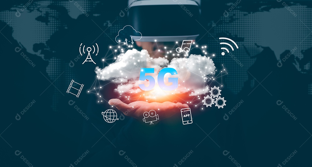 Conexão de rede global 5G disponível para homem de negócios IA