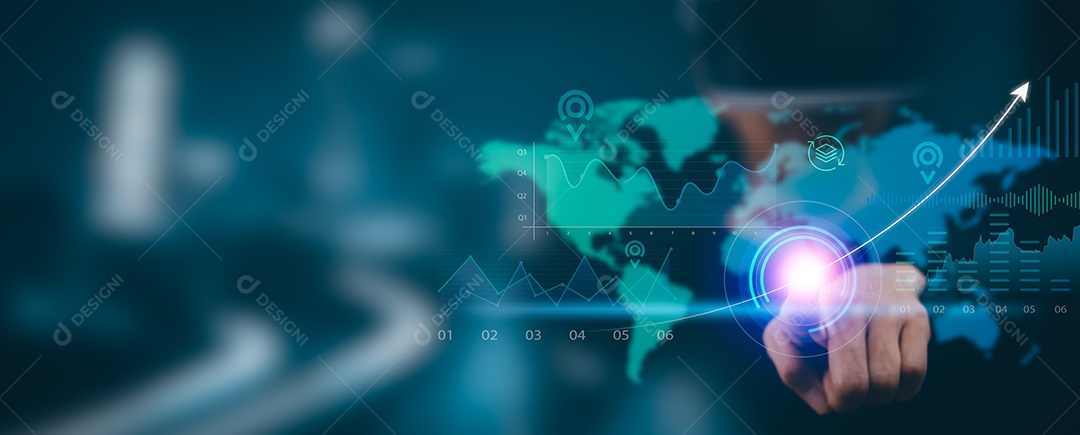 Empresário tocando Inteligência Artificial IA em dados em fundo escuro