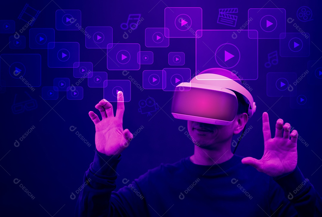 Homem usando óculos de realidade virtual toque virtual Serviço de rede social e streaming de vídeo e música IA