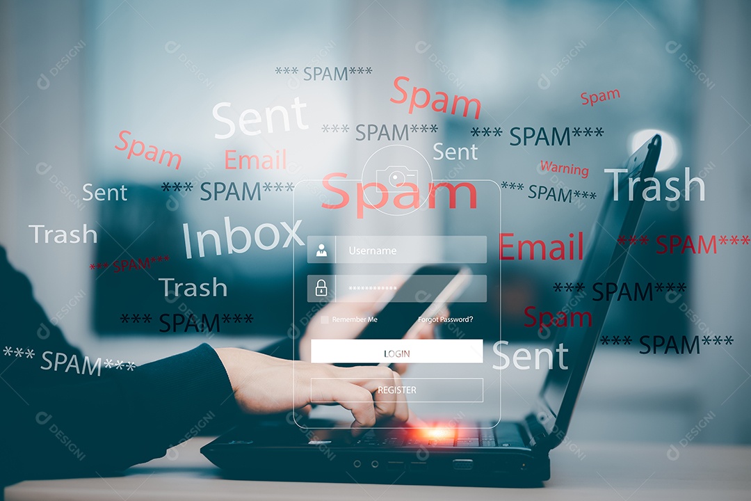 Conceito de e-mail com laptop spam e vírus monitor de computador conceito de segurança na internet IA