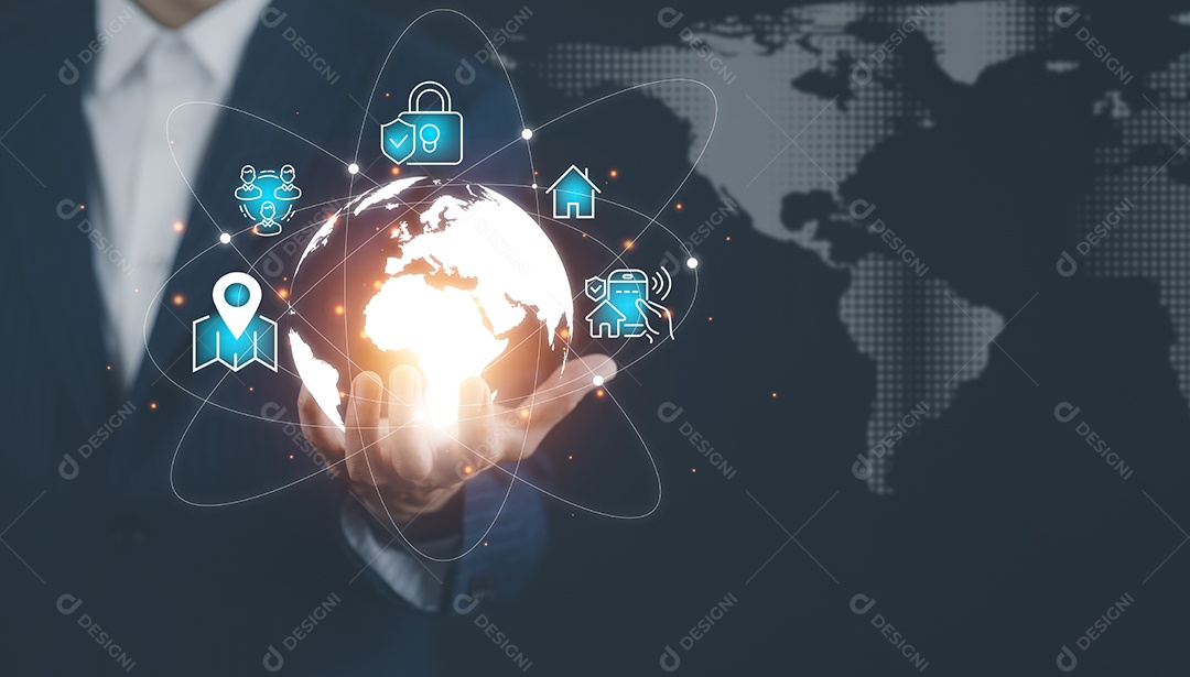 Empresário tocando Inteligência Artificial IA em dados em fundo escuro