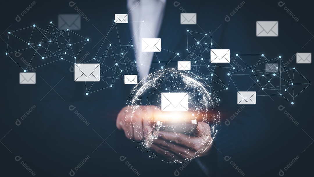 Empresário tocando Inteligência Artificial IA em dados em fundo escuro