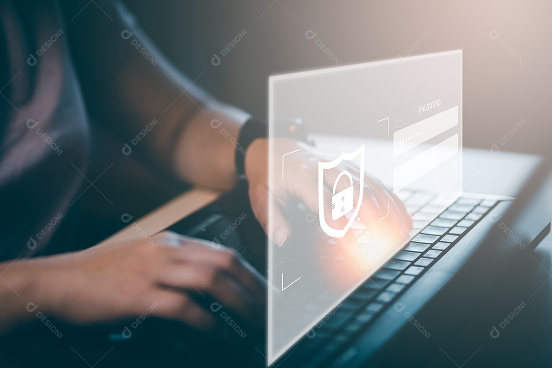 Mulher segura laptop com global virtual com segurança cibernética IA
