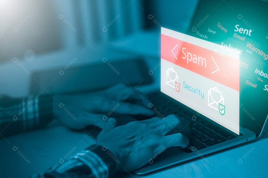 Conceito de e-mail com laptop spam e vírus monitor de computador conceito de segurança na internet IA