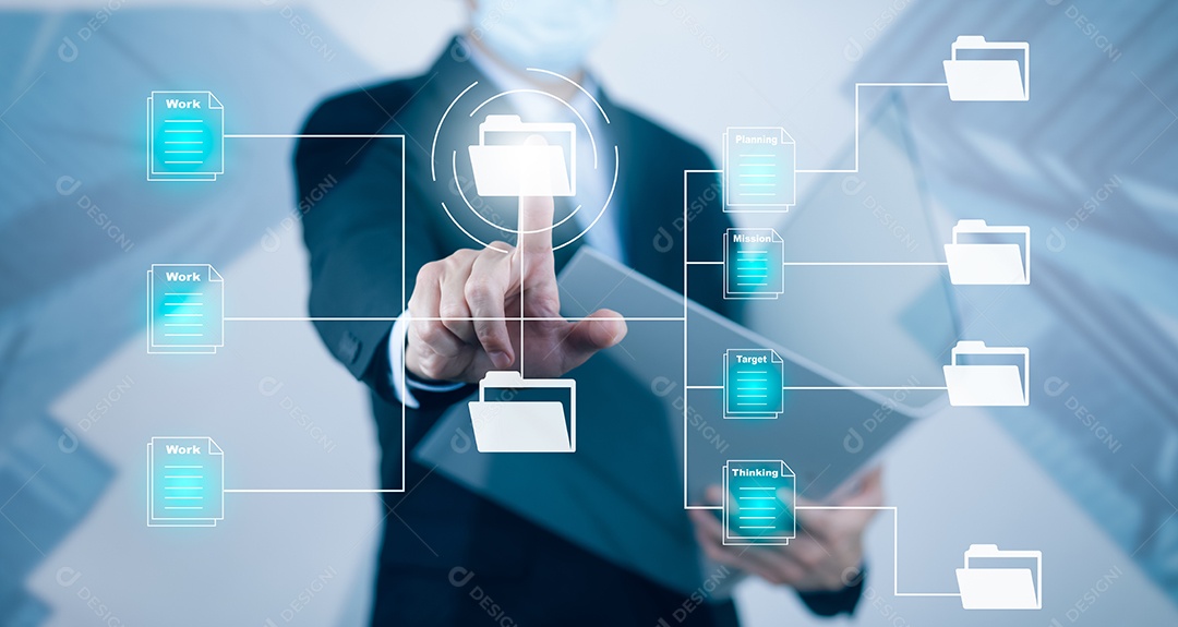 Empresário tocando Inteligência Artificial IA em dados em fundo escuro