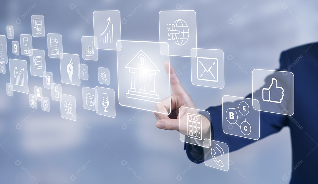 Empresário tocando Inteligência Artificial IA em dados em fundo escuro