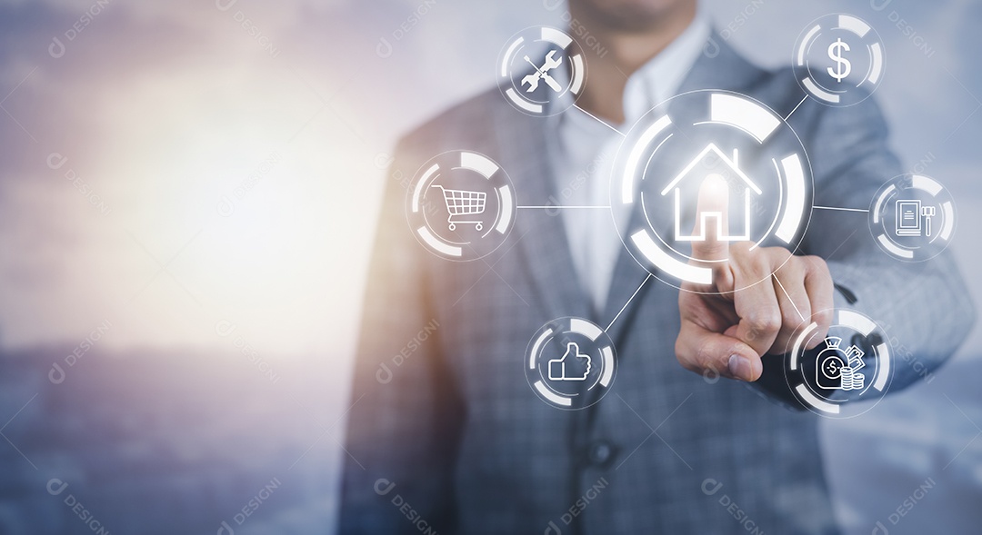 Empresário tocando Inteligência Artificial IA em dados em fundo escuro