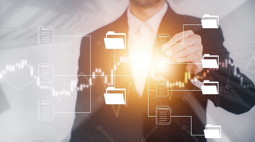 Empresário tocando Inteligência Artificial IA em dados em fundo escuro