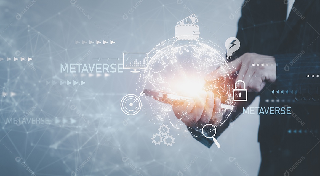 Empresário tocando Inteligência Artificial IA em dados em fundo escuro