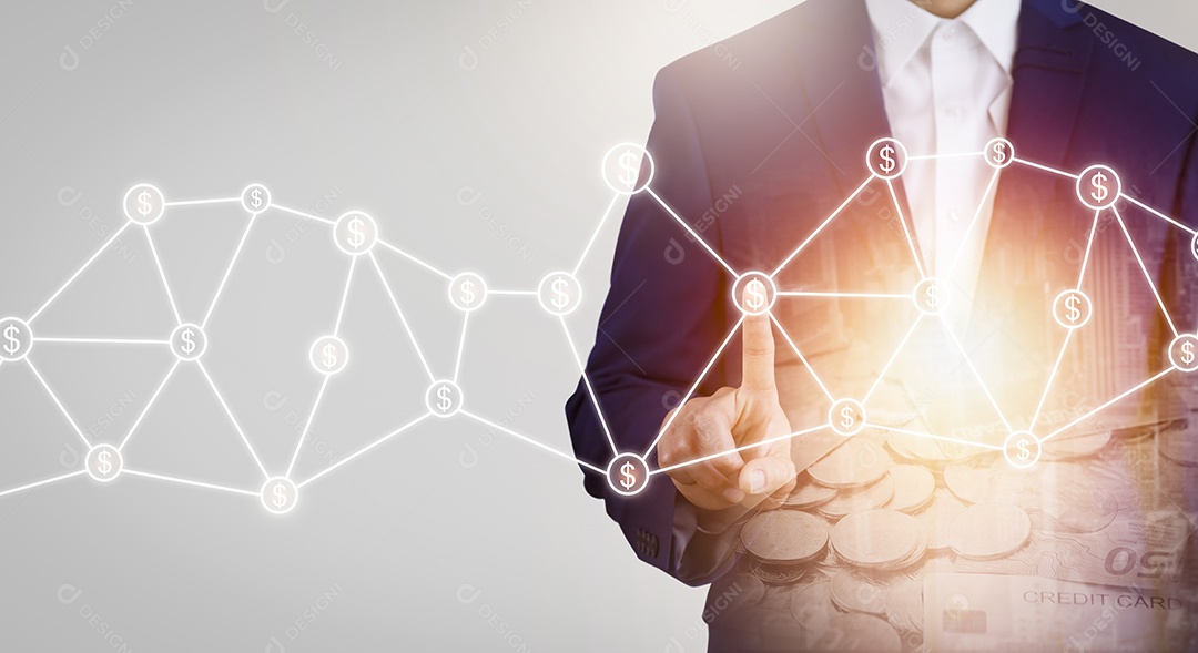 Empresário tocando Inteligência Artificial IA em dados em fundo escuro