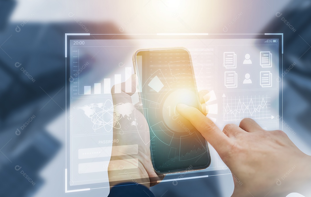 Mão de empresário toca smartphone com um holograma em seu smartphone IA