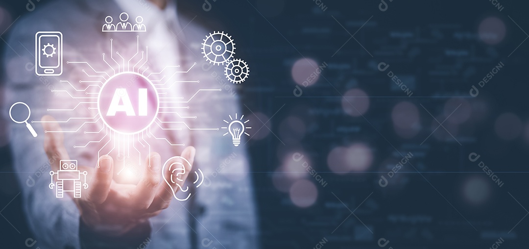 Empresário tocando Inteligência Artificial IA em dados em fundo escuro