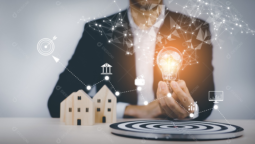 Criatividade e inovação empresário segurando lâmpada abstrata IA