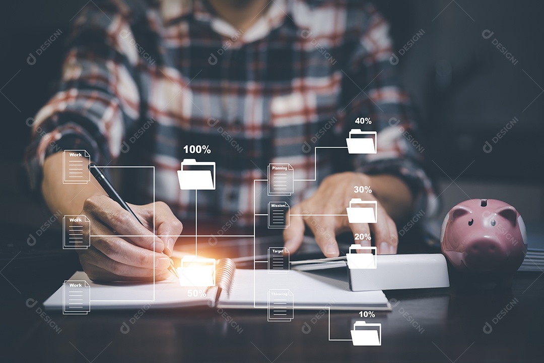 Empresário usando caneta escreve pasta do sistema de gerenciamento de documentos IA