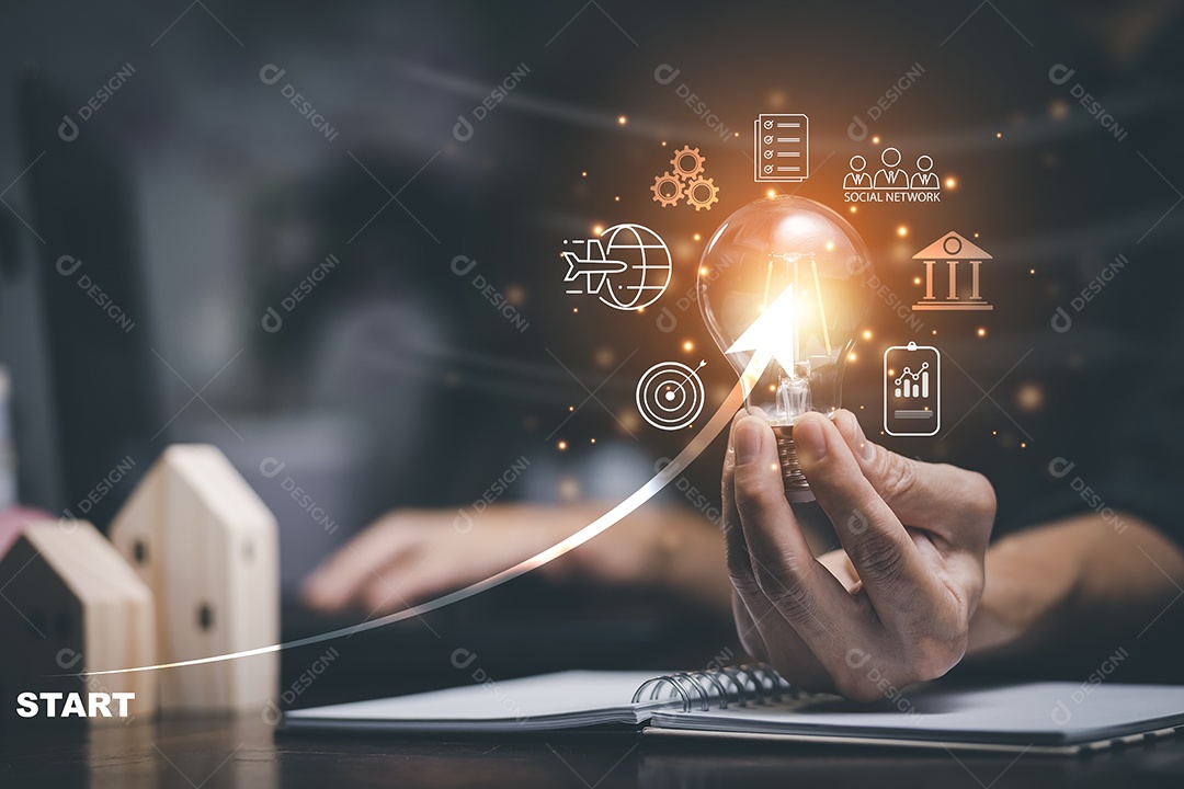 Criatividade e inovação empresário segurando lâmpada abstrata IA