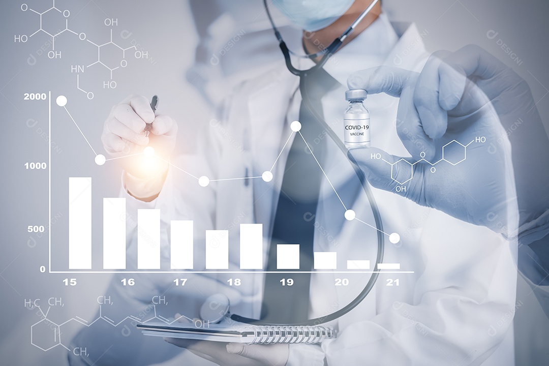 Médico ou cientista com um estetoscópio segurando a vacina contra a COVID-19 IA