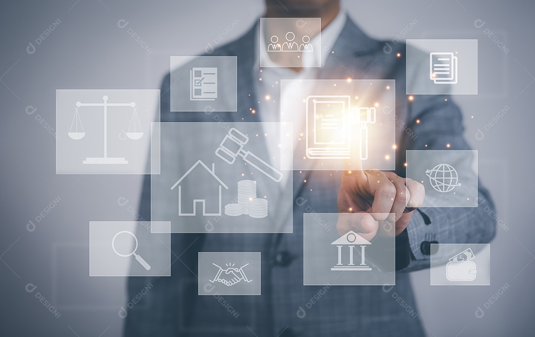 Empresário touchscreen no gráfico direito trabalhista advogado conceito de negócio legal tecnologia internet