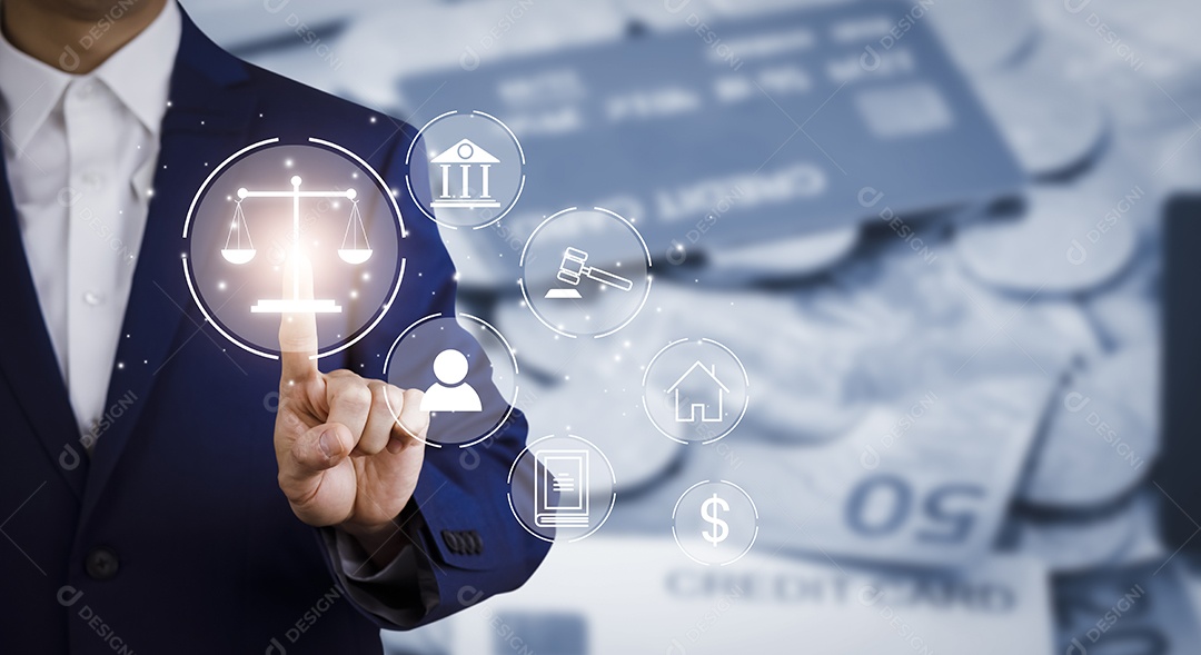 Empresário touchscreen no gráfico direito trabalhista advogado conceito de negócio legal tecnologia internet