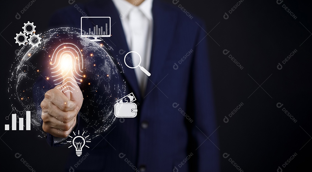 Empresário tocando Inteligência Artificial IA em dados em fundo escuro