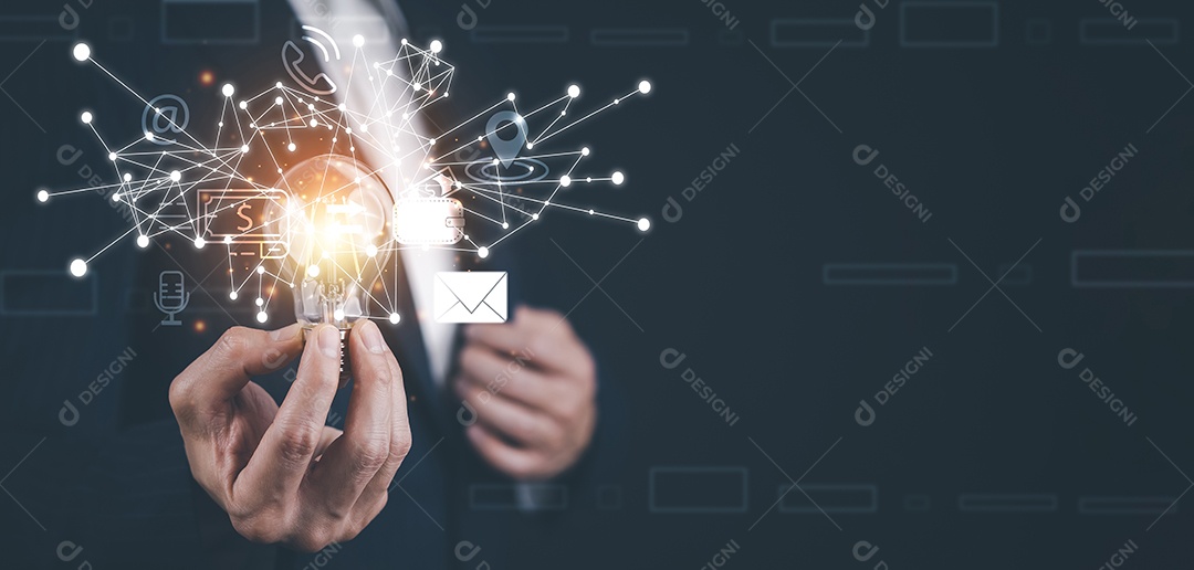 Criatividade e inovação empresário segurando lâmpada abstrata IA