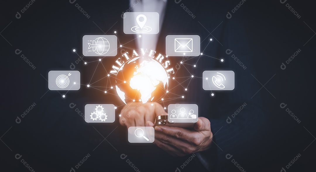 Empresário tocando Inteligência Artificial IA em dados em fundo escuro