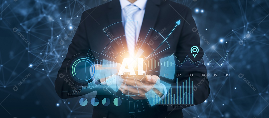 Empresário tocando Inteligência Artificial IA em rede de big data aprendizado de máquina e dados em fundo escuro