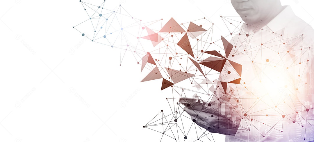 Pensando e criativo com o conceito de smartphone empresário segura ideia de pensamento de smartphone para escritório de trabalho em fundo branco IA