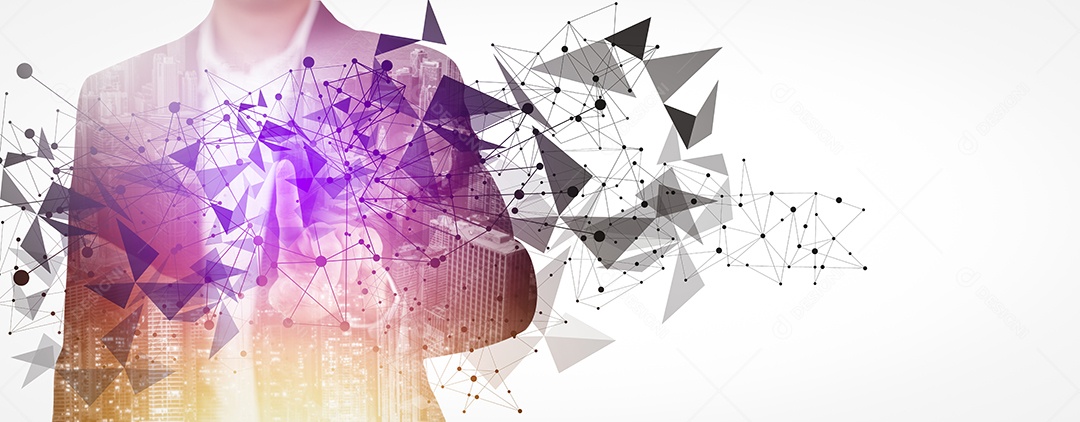 Empresário tocando Inteligência Artificial IA em dados em fundo escuro